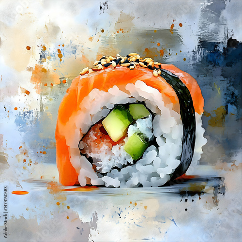Colorful sushi with rice seaweed and vegetables presented in an abstract watercolor digital painting style showcasing the beauty of Japanese cuisine and vibrant food artistry


