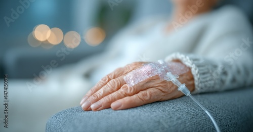 An elderly woman receives medical treatment at a hospital, where she is connected to an IV drip for cancer or chemotherapy, highlighting the importance of healthcare for senior citizens