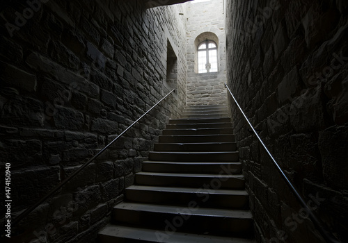 dramatic medieval stairway carved from stone blocks leading up dark passage toward glowing arched opening in ancient fortress
