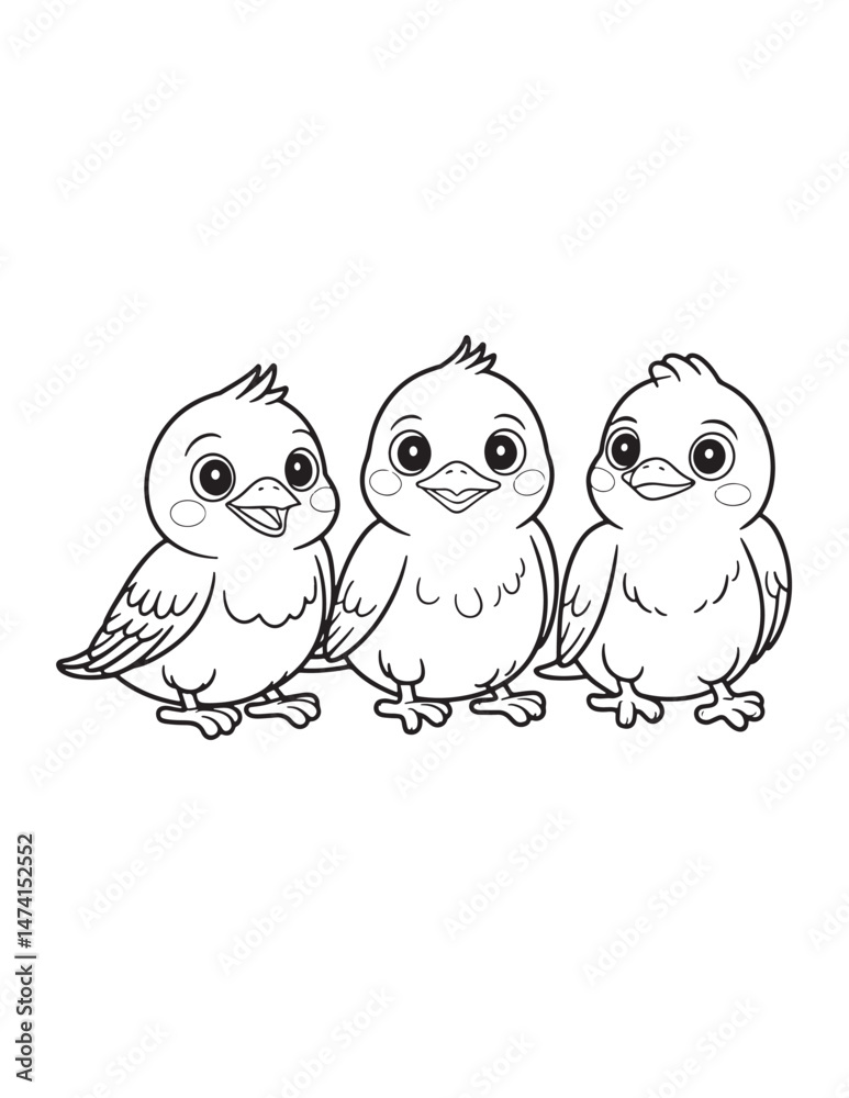 Obraz premium Trio of Cute Baby Birds Standing Together Line Art Coloring Page