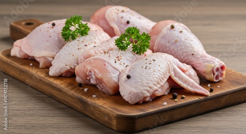 Fresh raw chicken pieces arranged on wooden cutting board close up