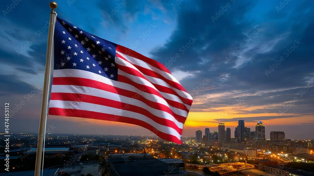 The American flag waves proudly against a vibrant sunset skyline.