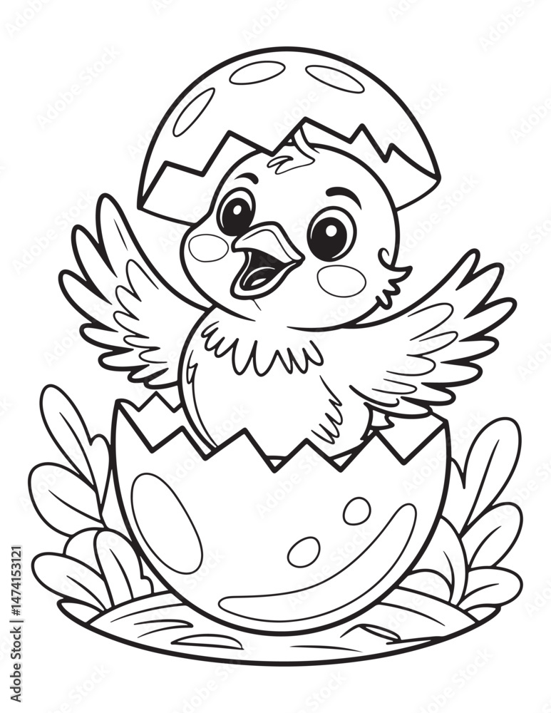 Fototapeta premium Cute Baby Bird Hatching from Egg – Line Art Coloring Page
