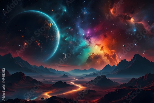 Alien Planet Landscape with Vibrant Nebula and Starry Night Sky