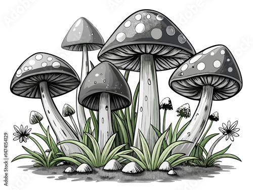 vector of Detailed grayscale drawing of four mushrooms growing in grass with small flowers.