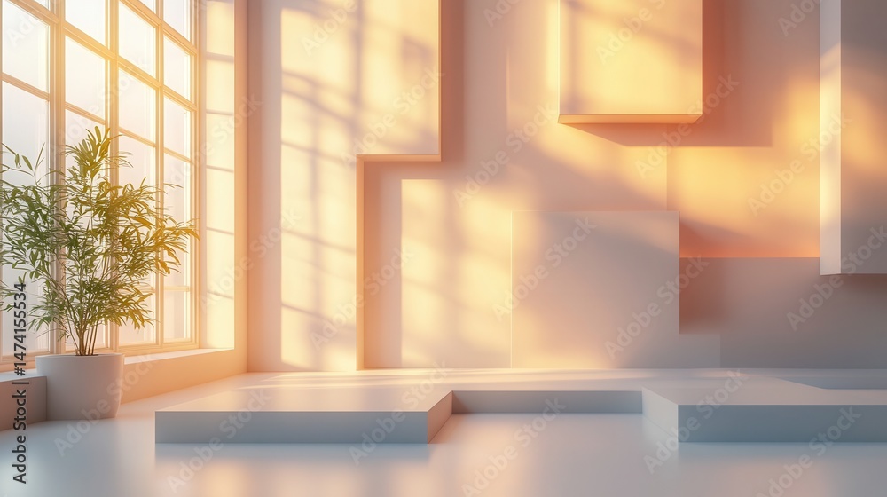 Fototapeta premium Modern minimalist interior with sunlit geometric shapes
