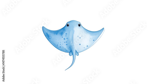 Adorable baby stingray, watercolor style, happy expression, ocean life, cute marine animal, whimsical art, delightful sea creature, charming design.

