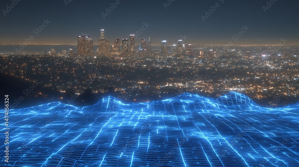 Obraz premium Futuristic LA Skyline Digital Terrain Over City Lights.