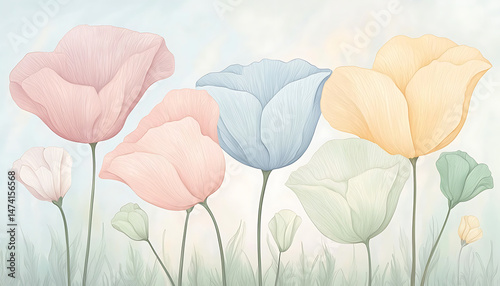 Pastel Poppies with Spring Meadow.