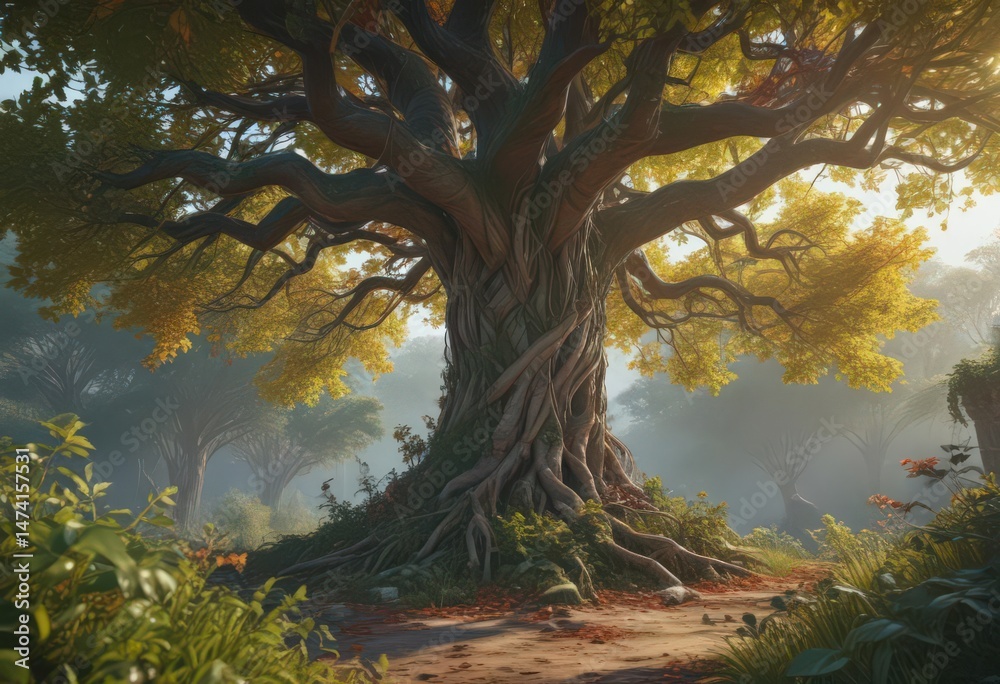 Fototapeta premium Massive tree engulfed by vibrant, tangled vines and exotic leaves , texture, biology, rainforest