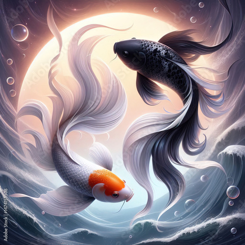Illustration of the Pisces zodiac sign. Two elegant Koi fishes swimming gracefully in a circular motion, surrounded by a dreamy, underwater scene with delicate fins that flow like silk