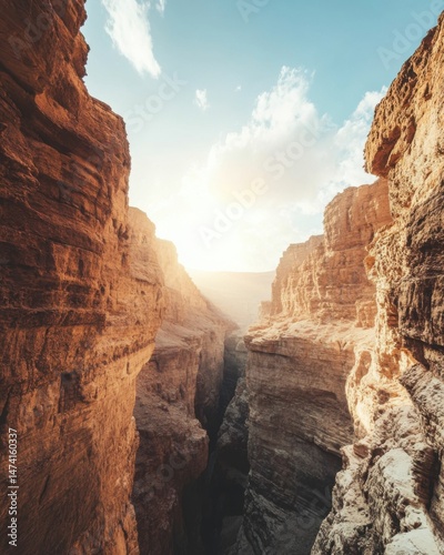 Dramatic canyon landscape with sunlit sky, vertical perspective of steep rock walls and deep gorge, arid terrain