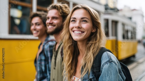 Group of diverse young travelers with backpacks waiting for a yellow tram in a European city