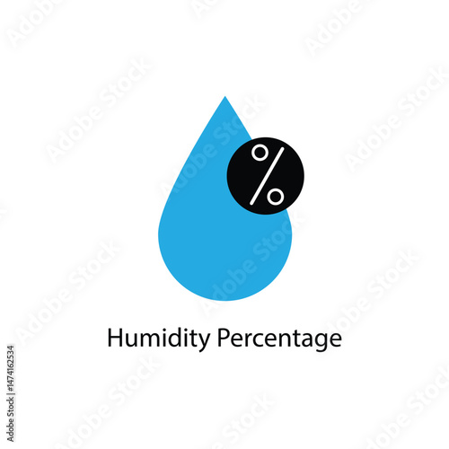 Flat vector icon of a blue water droplet with a black percentage symbol representing humidity level or moisture content, ideal for weather, climate, and forecast designs.