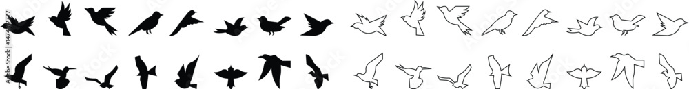 Obraz premium silhouette of flying birds with wide open wings vector art template designs icon set, Ink grunge birds afar brush hand drawn markers and crayons icons isolated on transparent background for mobile app