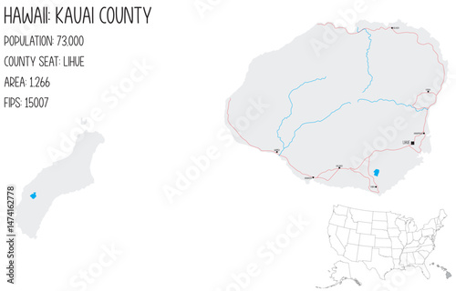 Large and detailed map of Kauai County in Hawaii, USA.