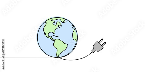 Earth with electric plug in continuous one line drawing. Eco-friendly energy concept representing worldwide green technology.
