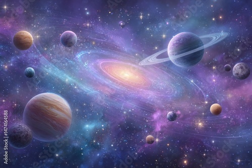 A colorful cosmic backdrop with various planets and sparkling stars, offered as stock