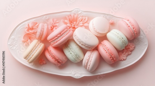 A plate of colorful macarons on a decorative plate with floral designs, set against a soft pink background.