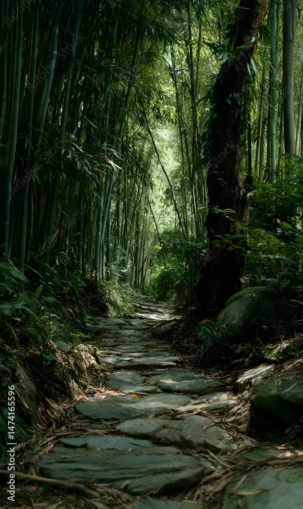 Fototapeta premium A serene stone pathway winds through a lush bamboo forest, creating a tranquil scene for meditation