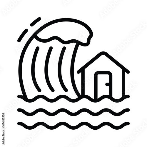 A large wave crashing into a house, representing tsunami or flooding