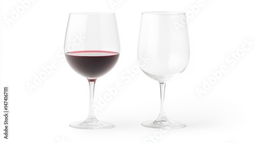 Two wine glasses, one filled with red wine, against a white background. The glasses are placed side by side, with the filled glass on the left and the empty glass on the right.