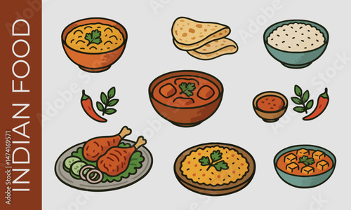 set of hand drawn Indian food vector illustration. butter chicken, paneer tikka masala, tika masala, nan, dressing,rice, tandoori 