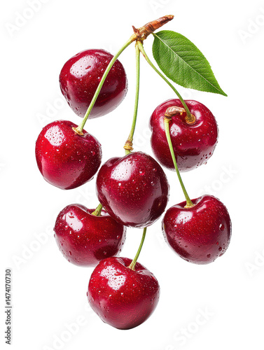 Fresh and juicy ripe red cherries with water droplets floating elegantly on a white background isolated for visual appeal