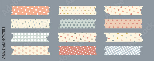 Set of colorful Polka dot masking tapes. Pastel torn paper stripes. Dotted washi tape pieces isolated. Great for planners, digital scrapbooking, card making, collage, craft projects, stationery