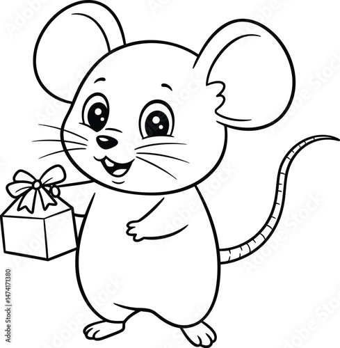 Adorable Cartoon Mouse Holding Cheese in a Playful Black and White Illustration