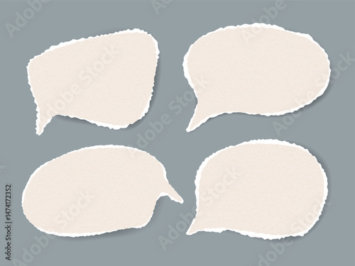 Handmade torn paper talk bubbles with grunge texture. Isolated vector elements for collage, storytelling, quotes, messaging concepts, scrapbooking, digital art, web design, social media design