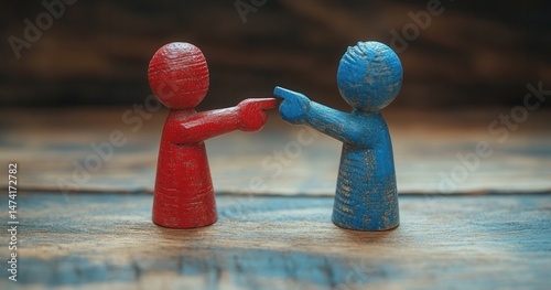 Two wooden figurines, red and blue, point at each other