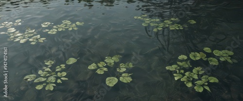 Subtle aquatic plant footprints etched in a pool's reflective surface , calm, beauty