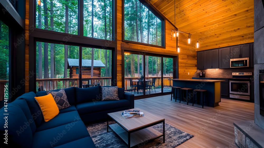 Naklejka premium Modern cabin interior with expansive windows, wood accents, and open floor plan