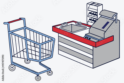 141 shopping cart, blue steel shopping trolley, shopping basket, metallic grocery cart, supermarket equipment, consumer goods, retail store item, 3d illustration