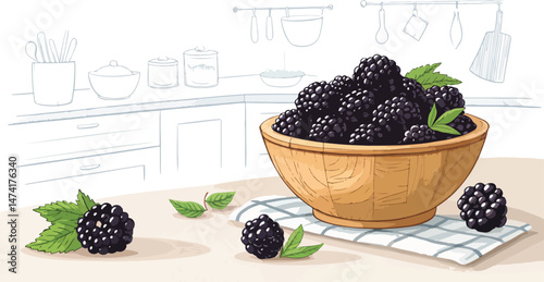 Blackberry Illustration vector design, Blackberry in wooden bowl in kitchen vector design
