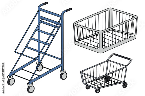 141 shopping cart, blue steel shopping trolley, shopping basket, metallic grocery cart, supermarket equipment, consumer goods, retail store item, 3d illustration