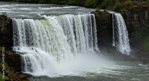 A waterfall with a greenish tint