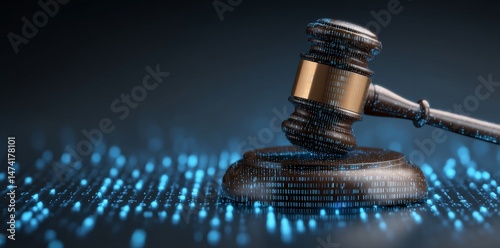 The digital gavel represents law enforcement in cybersecurity within a high-tech virtual setting