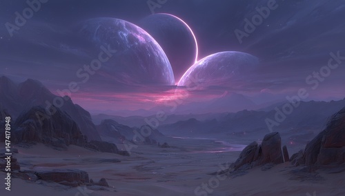 D rendered space art features an alien planet with a fantasy landscape, purple skies, and clouds