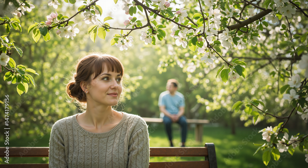 Naklejka premium Woman smiling in a blooming garden with a seated man in background 
