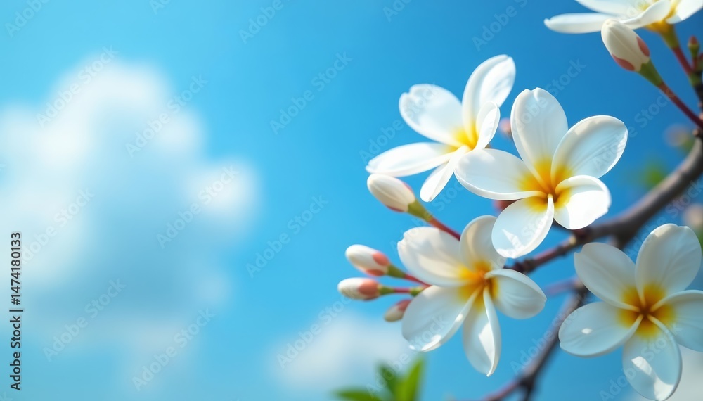 Fototapeta premium Close-up of delicate jasmine flowers against a vibrant blue sky background, beauty, nature, fragrance