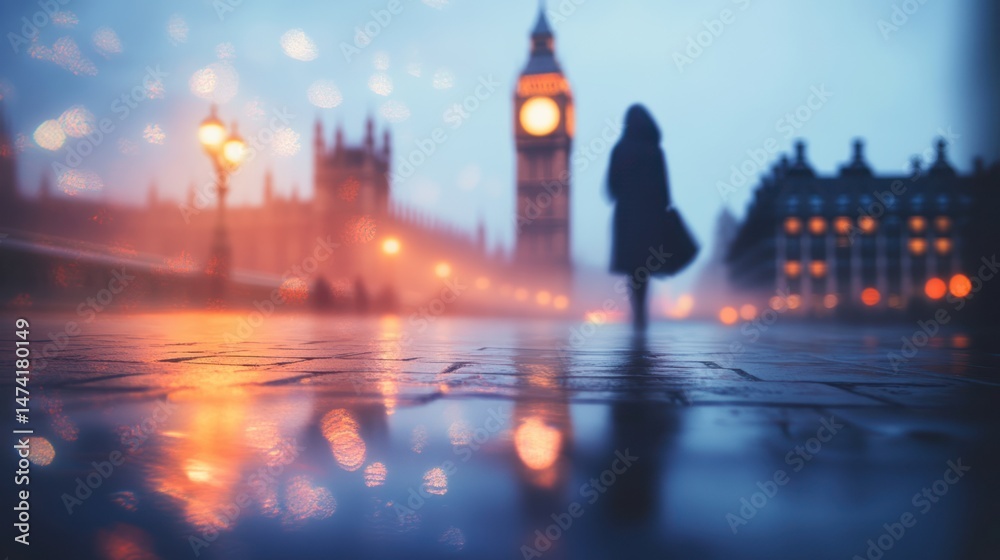 Obraz premium A person walks through a rainy city at dusk.