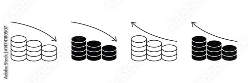 Set of increase and decrease icon collection. Profit, stock market, growth, fall, arrow up symbol. Vector Illustration.