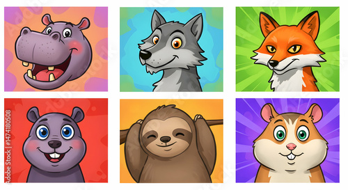 Colorful cartoon animal heads in grid