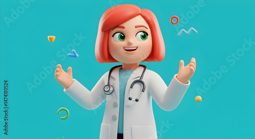 Female cartoon doctor smiling on blue