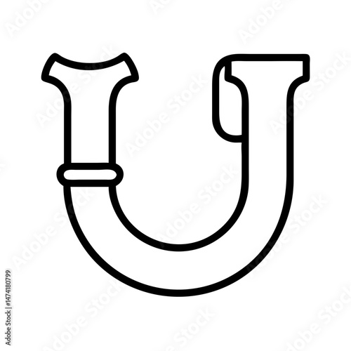 black and white icon of U-shaped plumbing trap or siphon pipe, minimal outline style component for drainage and odor prevention, isolated vector illustration