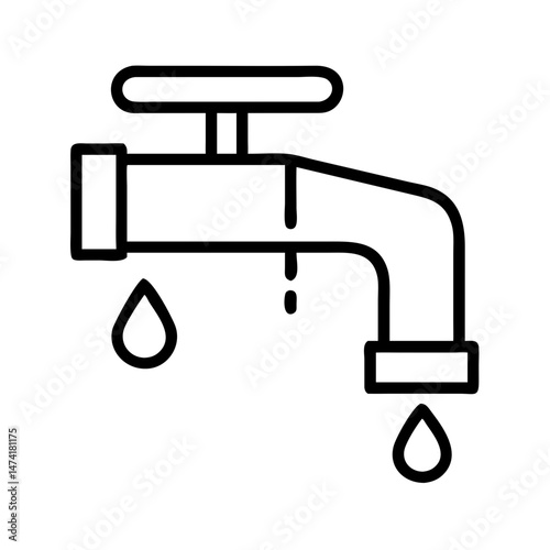 black and white icon of water tap with control valve and dripping drops, minimal outline plumbing fixture symbol for water supply or leak, isolated vector