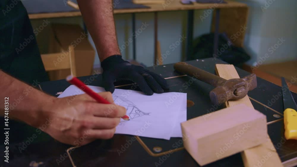 Carpenter wearing black gloves drawing sketch of furniture with red pencil on sheet of paper placed on workbench, near wooden block, hammer and saw