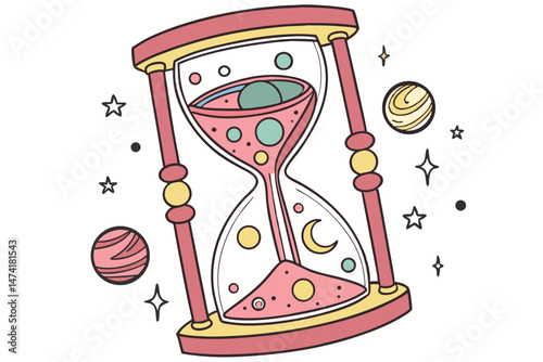 143 detailed hourglass with colorful planets and celestial bodies floating inside, whimsical digital fantasy illustration, vibrant colors, intricate details, beautiful design, highly detailed, digital
